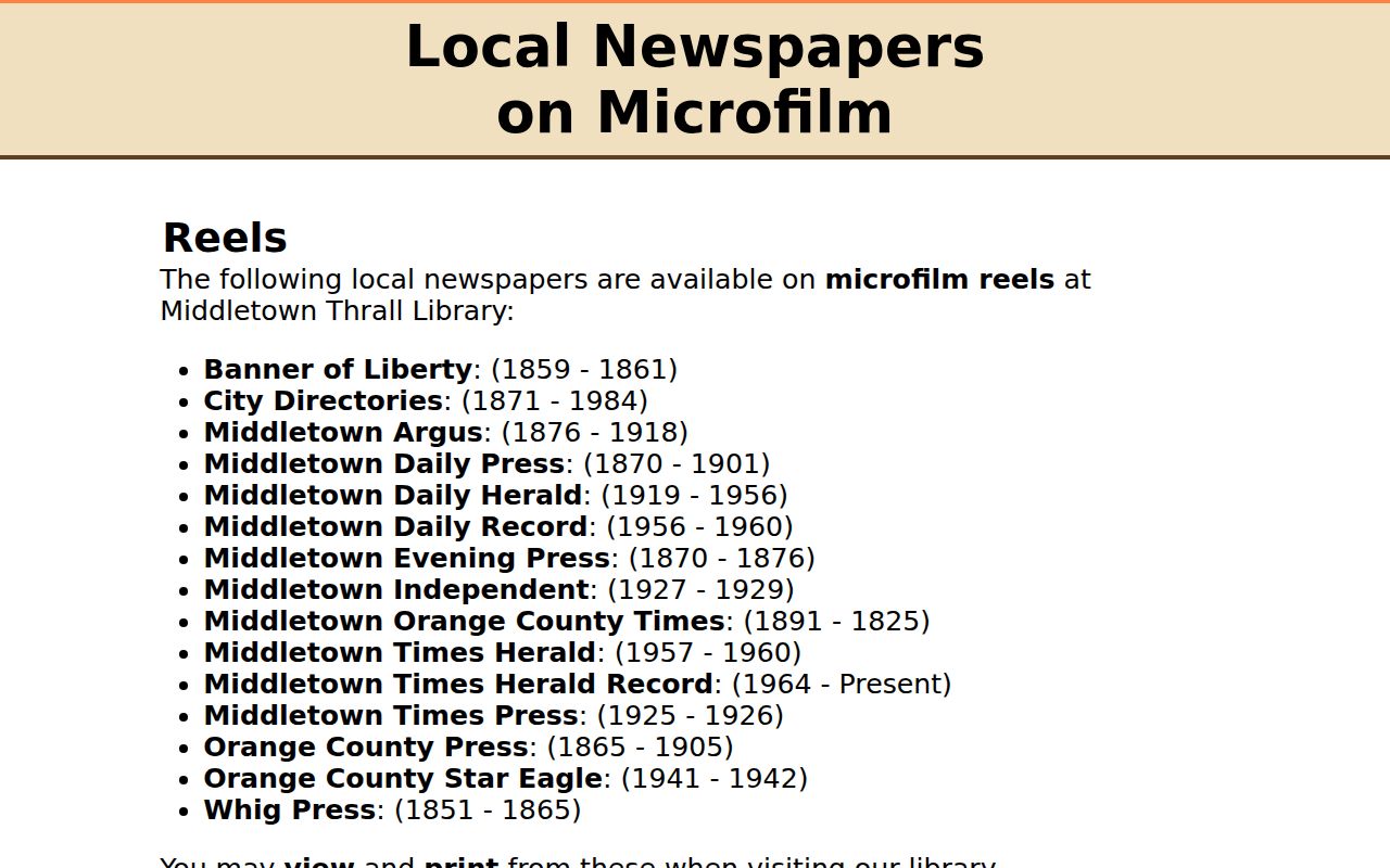 Middletown city directory microfilm holdings at Thrall Library