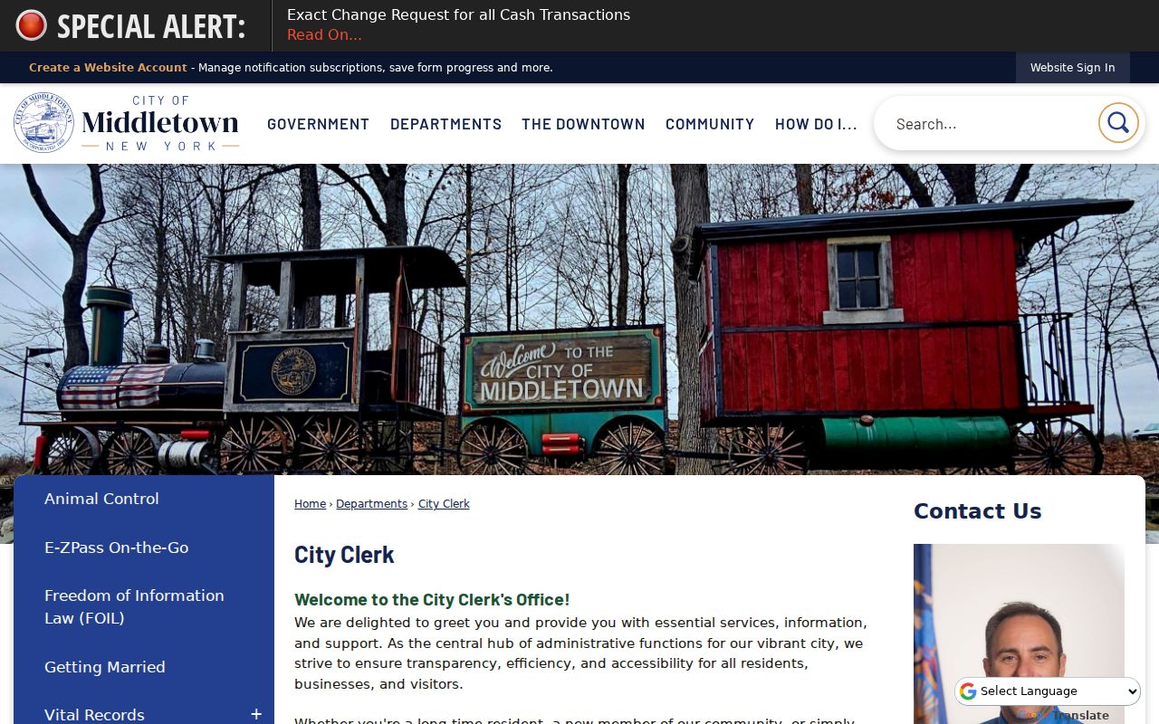 Middletown residents directory City Clerk municipal records route