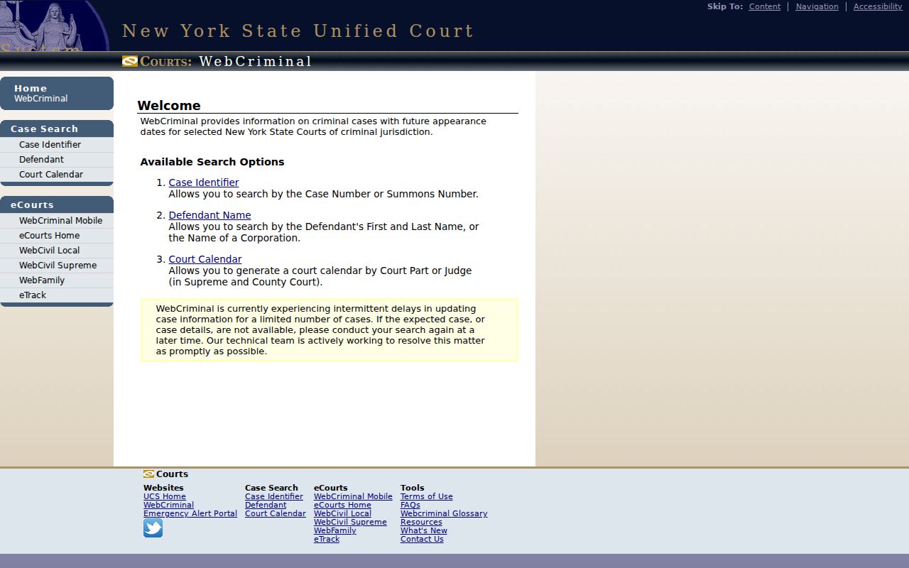 Middletown resident lookup view of WebCriminal defendant search options