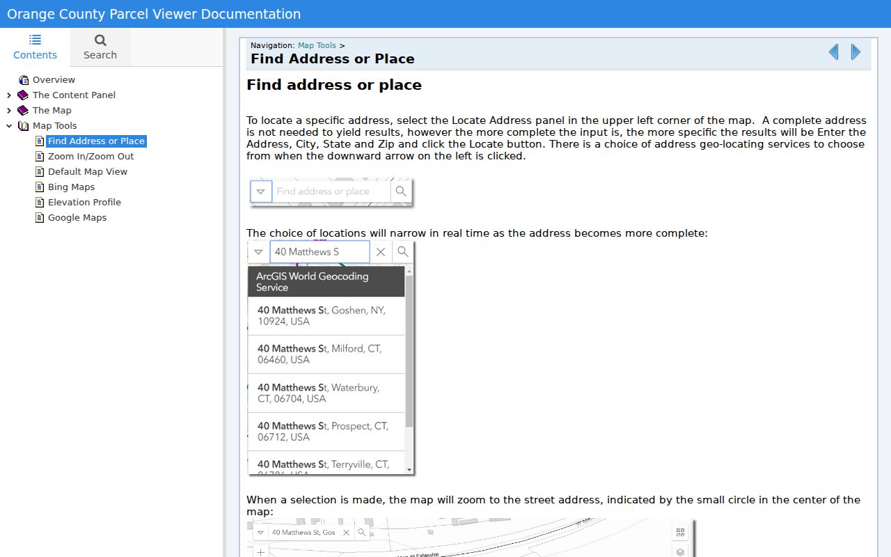 Middletown street directory view of Orange County GIS address locator help