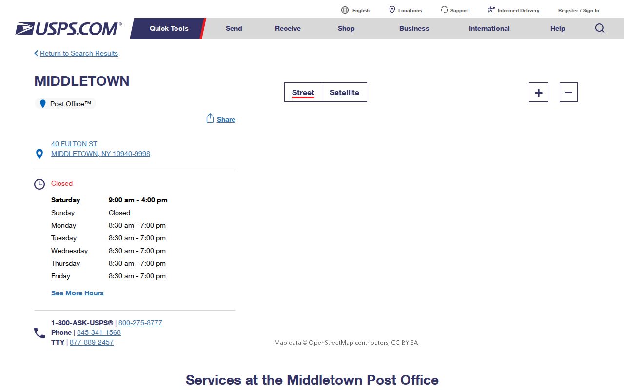 Middletown ZIP code directory view of the USPS post office listing for 10940